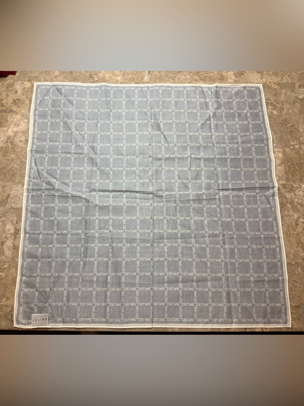 Celine Light Blue and Cream Logo Square Scarf